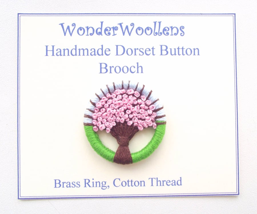 Cherry Blossom, Sakura, Dorset Button Brooch, Green, Pink, Brown, Blue, 3.3cm