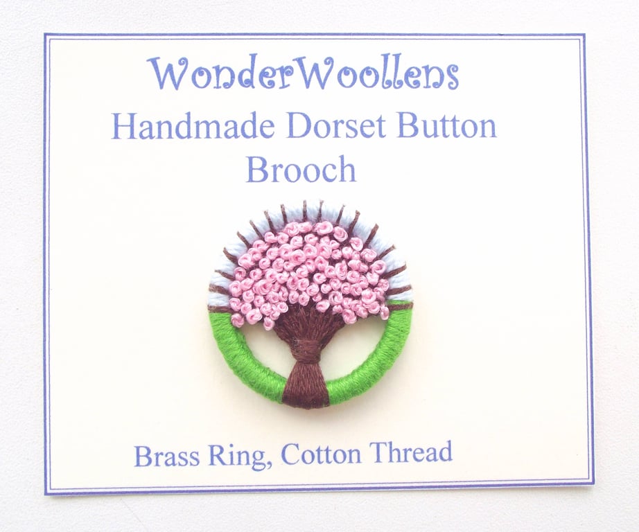 Cherry Blossom, Sakura, Dorset Button Brooch, Green, Pink, Brown, Blue, 3.3cm