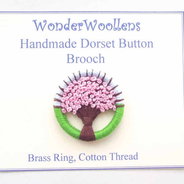 Cherry Blossom, Sakura, Dorset Button Brooch, Green, Pink, Brown, Blue, 3.3cm