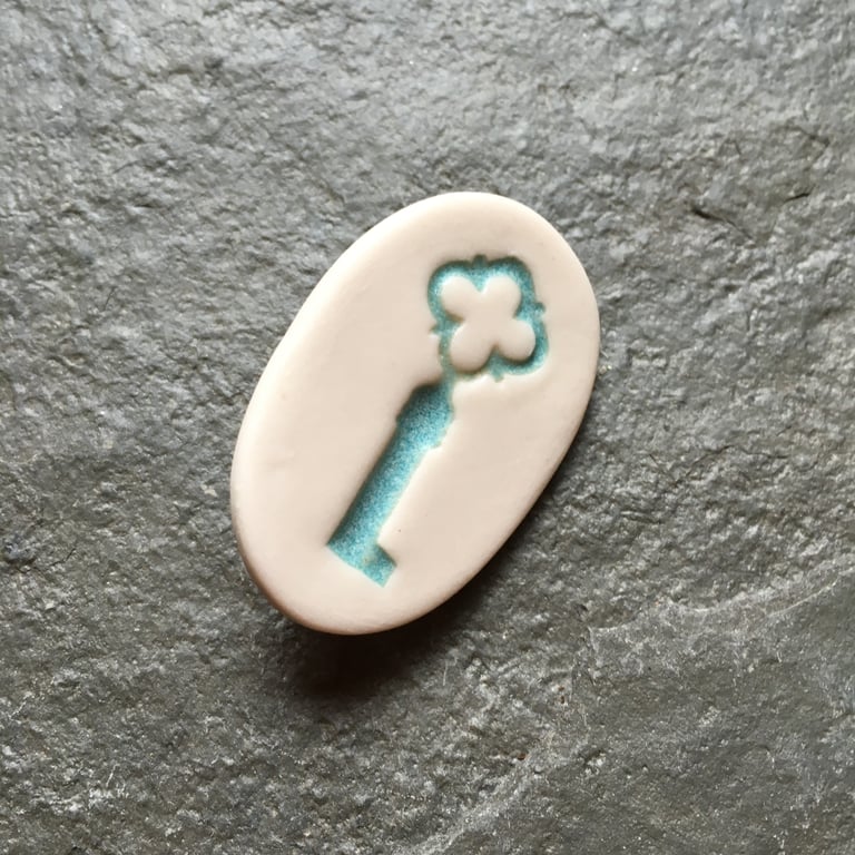 Porcelain key brooch, aquamarine, white, oval, valentines, wedding, love token
