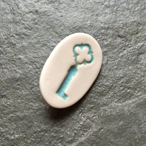 Porcelain key brooch, aquamarine, white, oval, valentines, wedding, love token