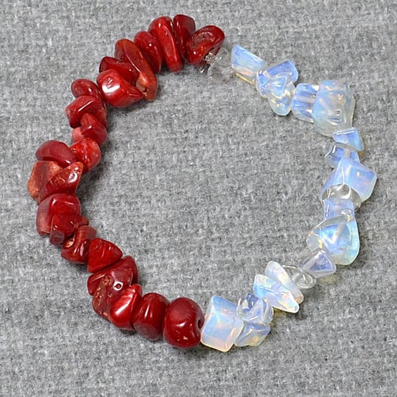 Opalite Chip and Red Bamboo Coral Chip Elastic Half and Half Bracelet