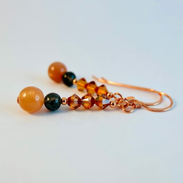 Sunstone, Moss Agate And Crystal Earrings - Handmade Gift, Birthday, Anniversary