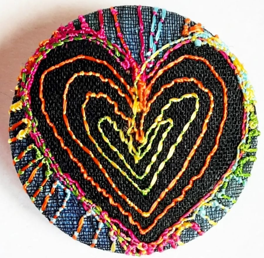 One Inch Badge Heart Fabric Badge with Free Machine Embroidery 