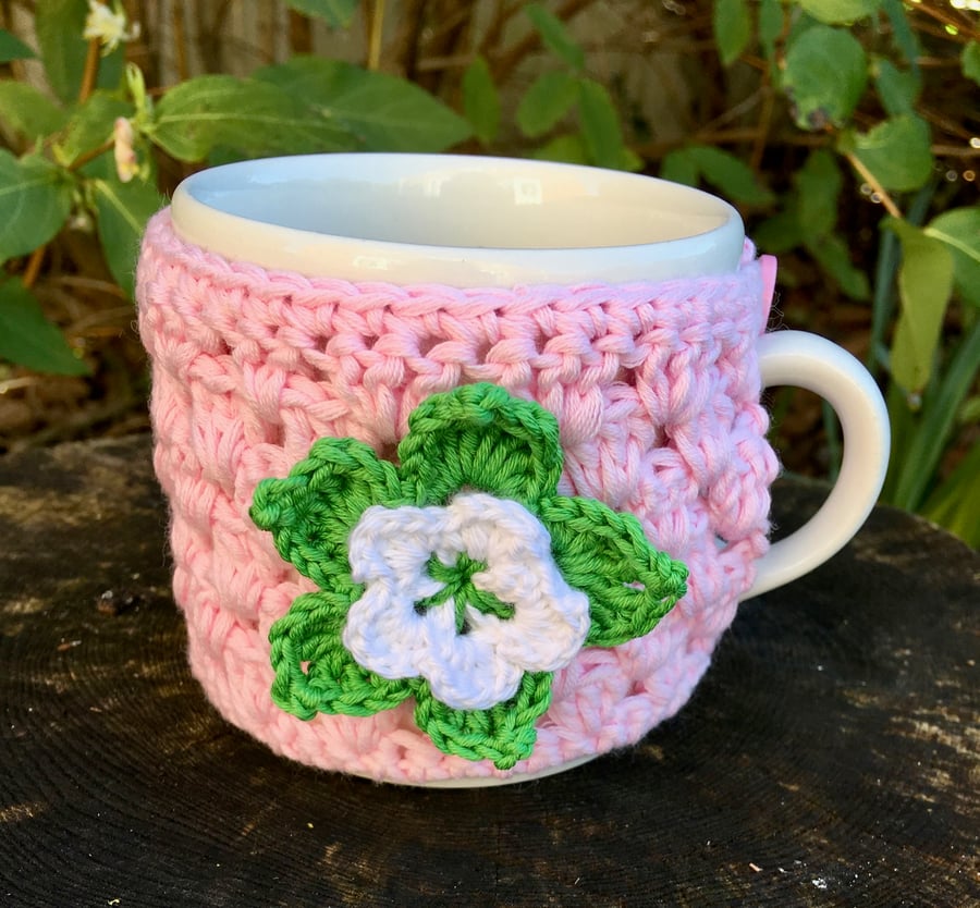Pink Crochet Flower Mug Cosy