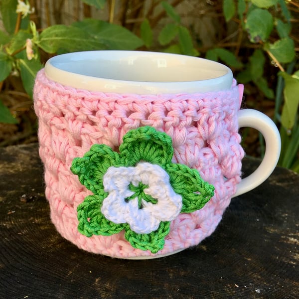 Pink Crochet Flower Mug Cosy