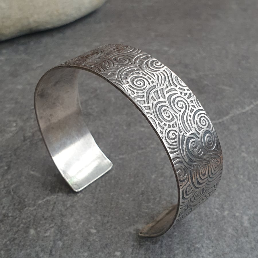 Sterling silver cuff bangle, Spiral pattern, Gift for beach lover