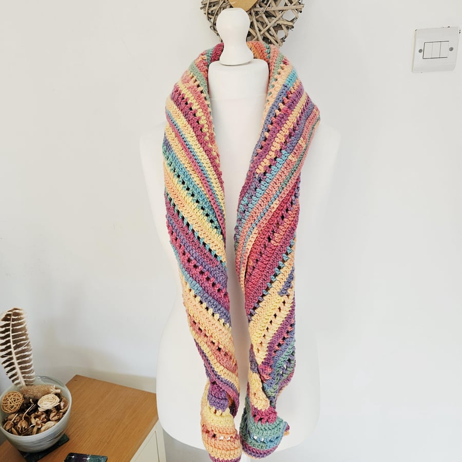 Multicoloured Crochet Scarf, Colourful Striped Triangle Shawl Wrap