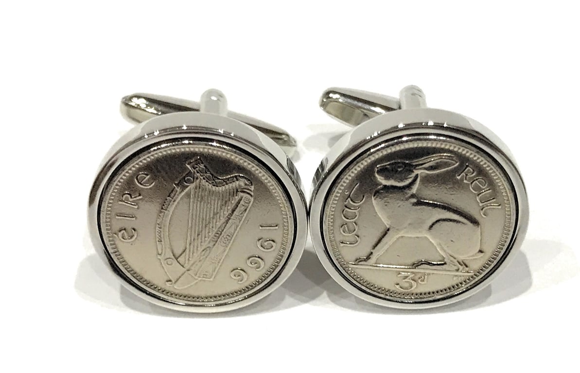 1966 Irish coin cufflinks - Genuine Irish 3d threepence coin cufflink 1966, 1966