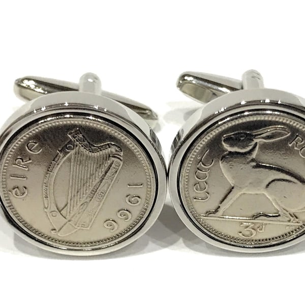 1966 Irish coin cufflinks - Genuine Irish 3d threepence coin cufflink 1966, 1966