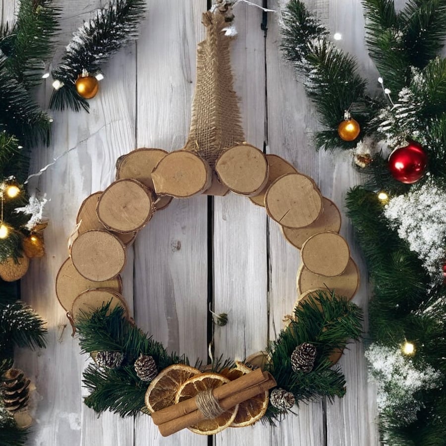 Rustic Scandi Style Log Slice Christmas Wreath with Dried Orange & Cinnamon 