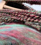 Hand woven art yarn scarf in green and purple - Image 9