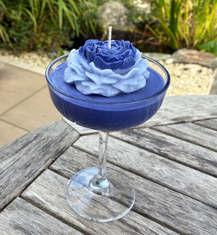 Blue Flower Soy Candle in Cocktail Glass - Lightly Scented