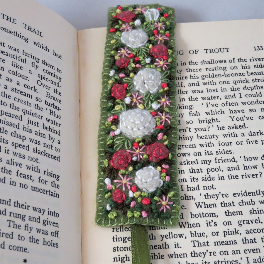 White roses Bookmark - embroidered and felted