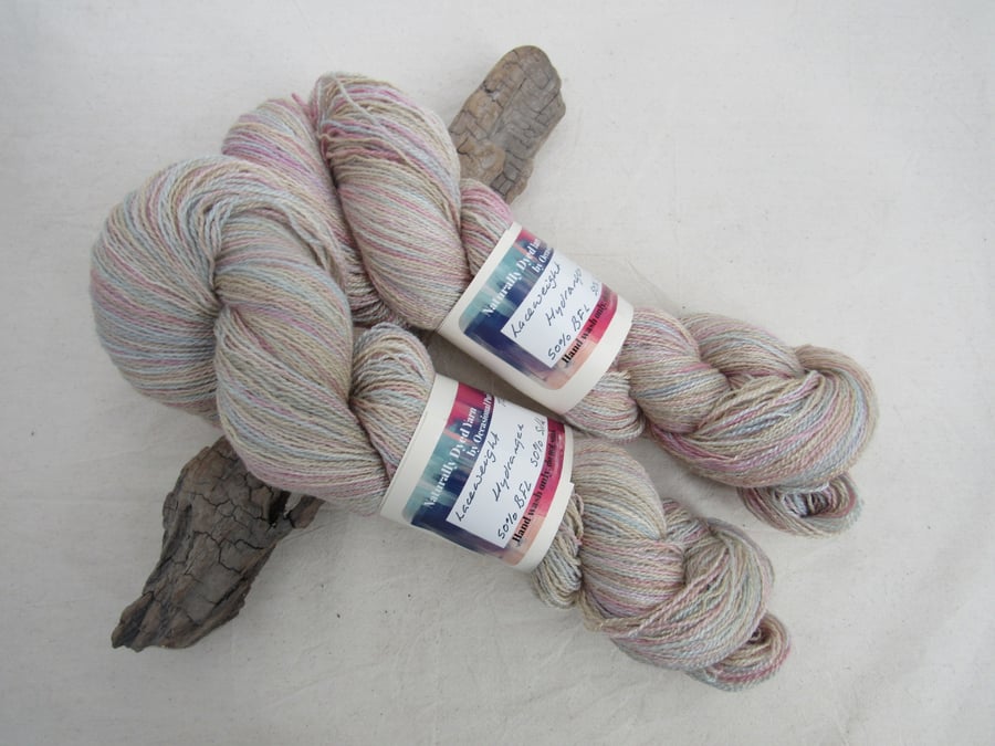 100g Hydrangea BFL Silk Blend Space Dyed Natural Dye Laceweight Yarn