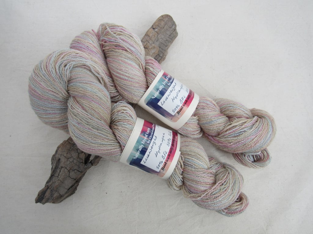 100g Hydrangea BFL Silk Blend Space Dyed Natural Dye Laceweight Yarn