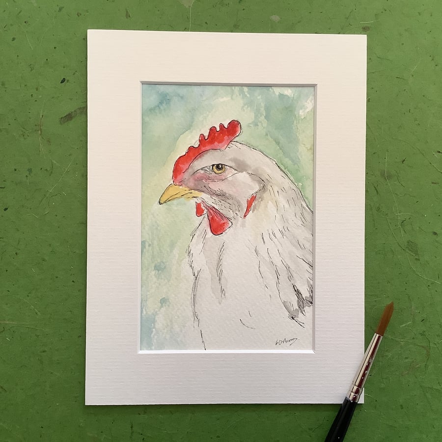 White chicken - Original watercolour painting of a hen. Farm animal.