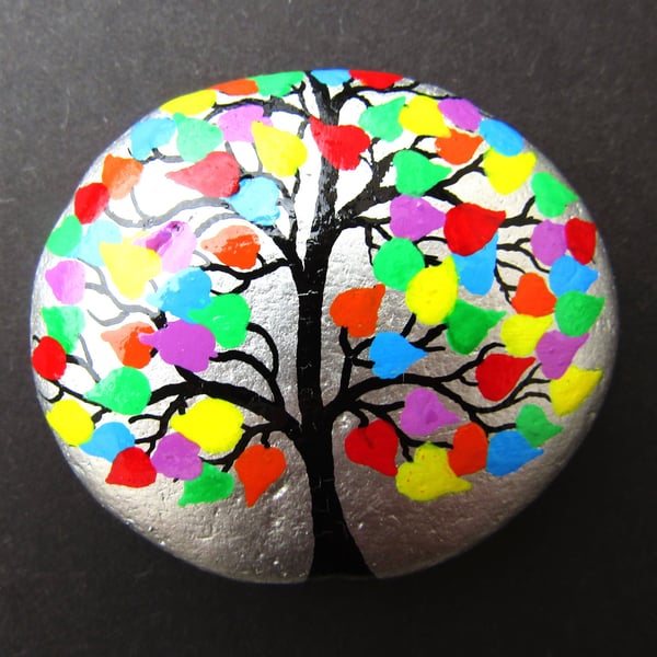 Tree Stone Painting, Love Gift, Hand Painted Pebble, LGBTQ, Anniversary Hearts