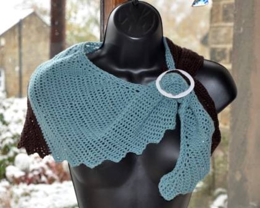 Asymmetrical Crochet Ladies Scarf or Wrap in Turquoise and Brown