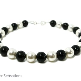 Elegant Jet Black & White Swarovski Pearls & Sterling Silver Designer Bracelet