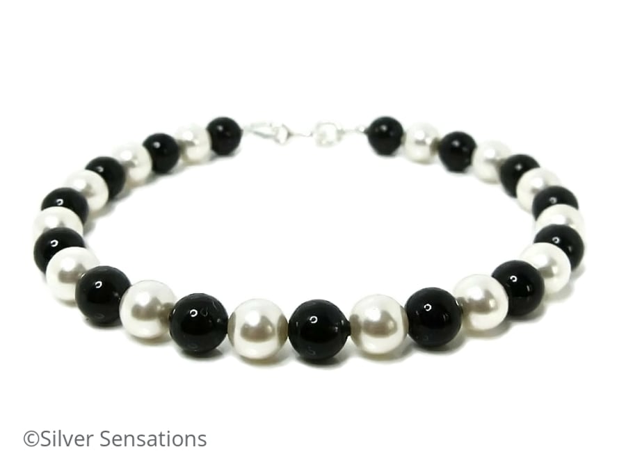 Elegant Jet Black & White Swarovski Pearls & Sterling Silver Designer Bracelet