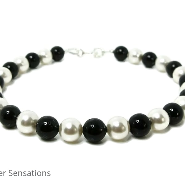 Elegant Jet Black & White Premium Pearls & Sterling Silver Designer Bracelet