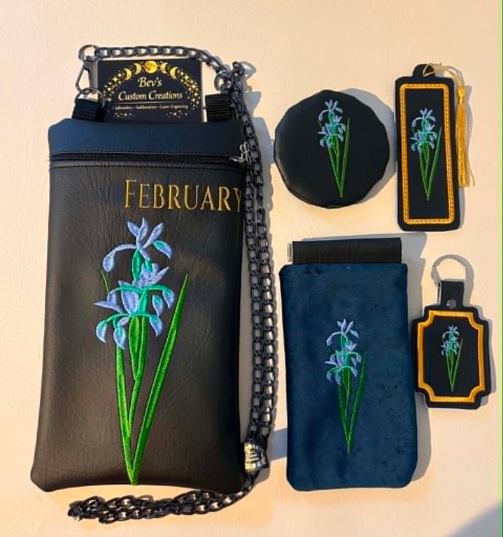February Birth Flower Gift Set - Embroidered Bag, Bookmark, Keyring & Coin Purse