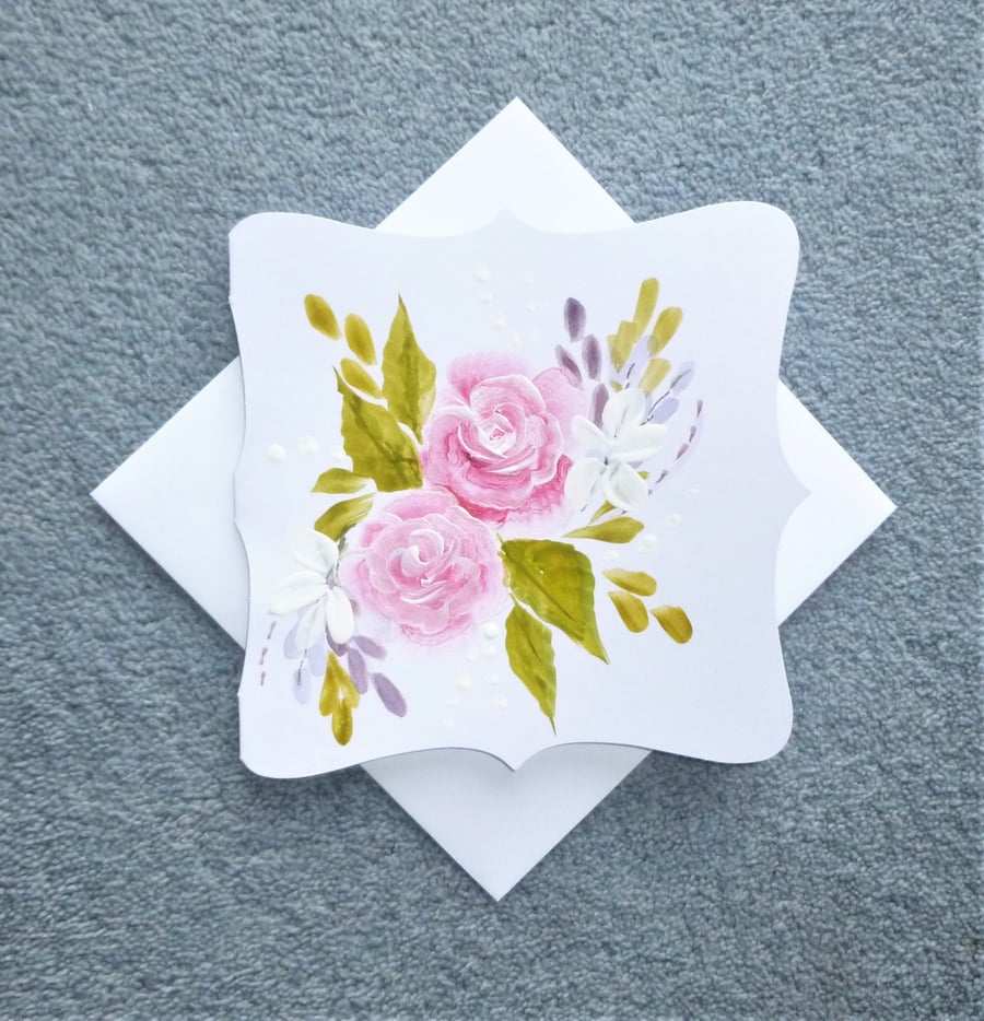 hand painted original art roses blank greetings card ( ref f 621.H5 )