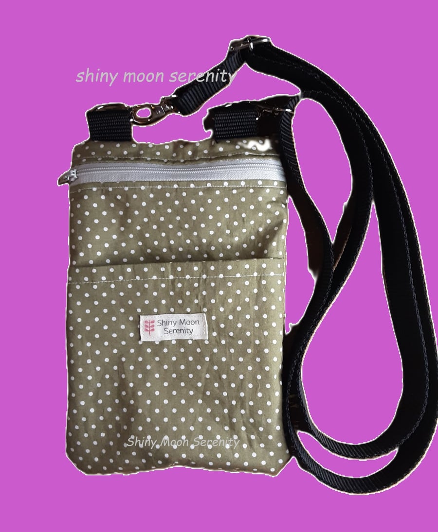 Phone-Passport Bag Khaki with small White Dot Print