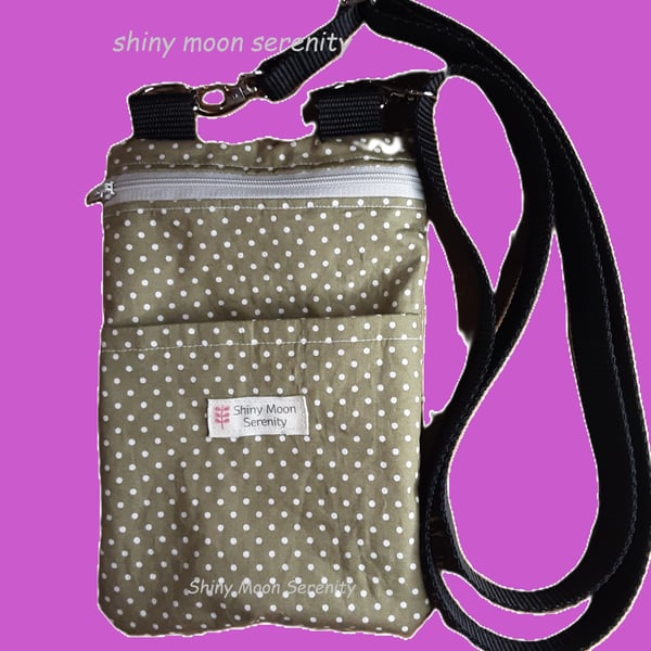 Phone-Passport Bag Khaki with small White Dot Print