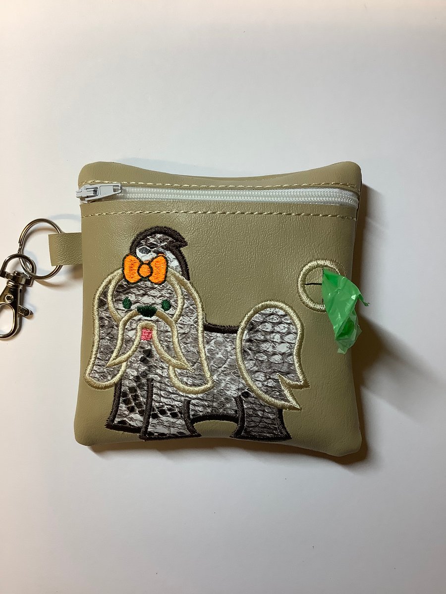 Adorable  Shih TzuEmbroidered Fawn  faux leather dog poo bag ,dog walking,