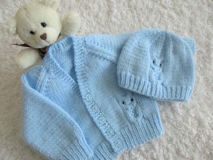 16" Baby Boys Owl Cardigan and Hat Set