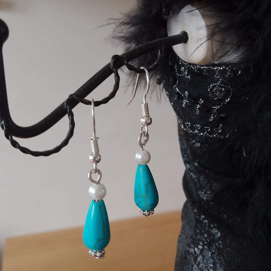 Handmade Howlite Turquoise Bead & Faux Glass Pearl Drop Earrings
