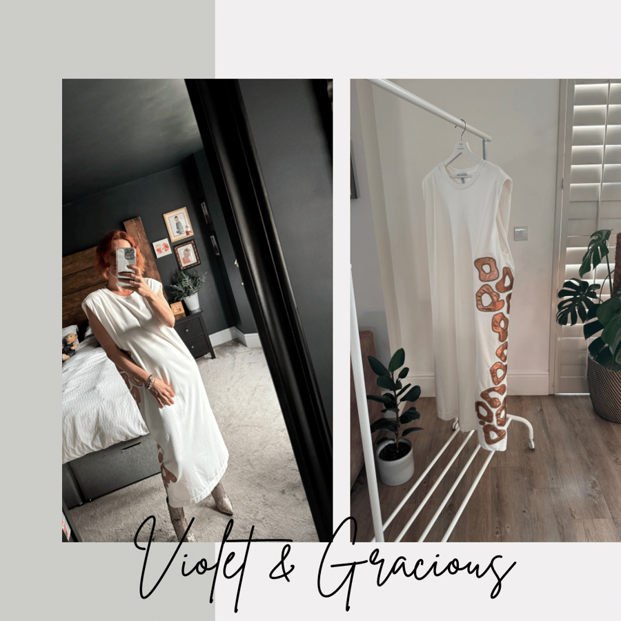 White Jersey Dress with Gold Leopard Print. Applique Animal Print . size xl 16