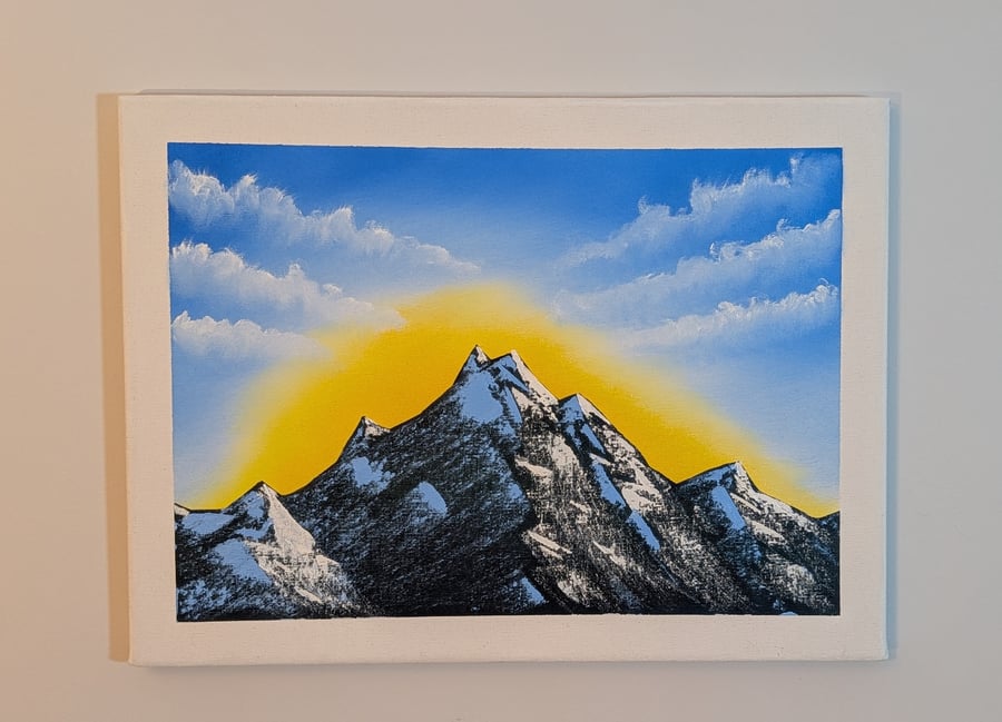 Cloudy sunset over mountain - Oil painting
