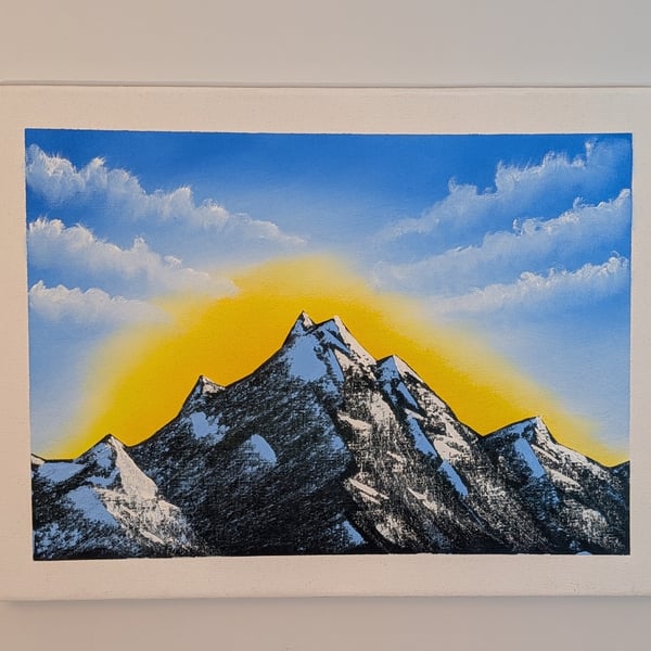 Cloudy sunset over mountain - Oil painting