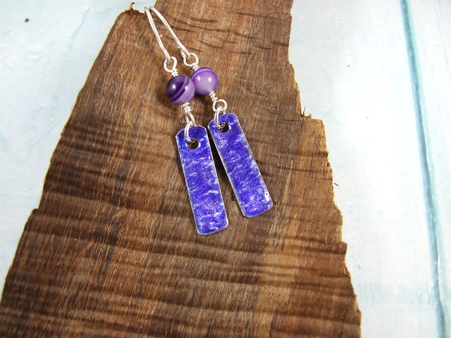 Earrings, Sterling Silver, Ink and Resin Long Bar Drops with Purple Banded Agate