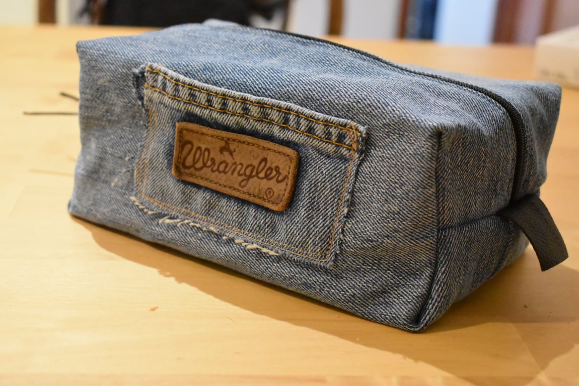 Wrangler denim washbag boxy zipped pouch. Handmade to store many small items.