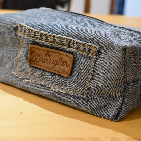 Wrangler denim washbag boxy zipped pouch. Handmade to store many small items.