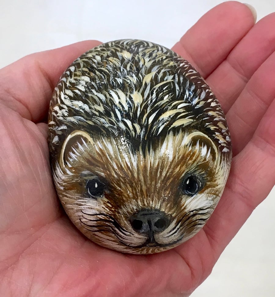 Hedgehog garden wildlife rock portrait painted pebble 