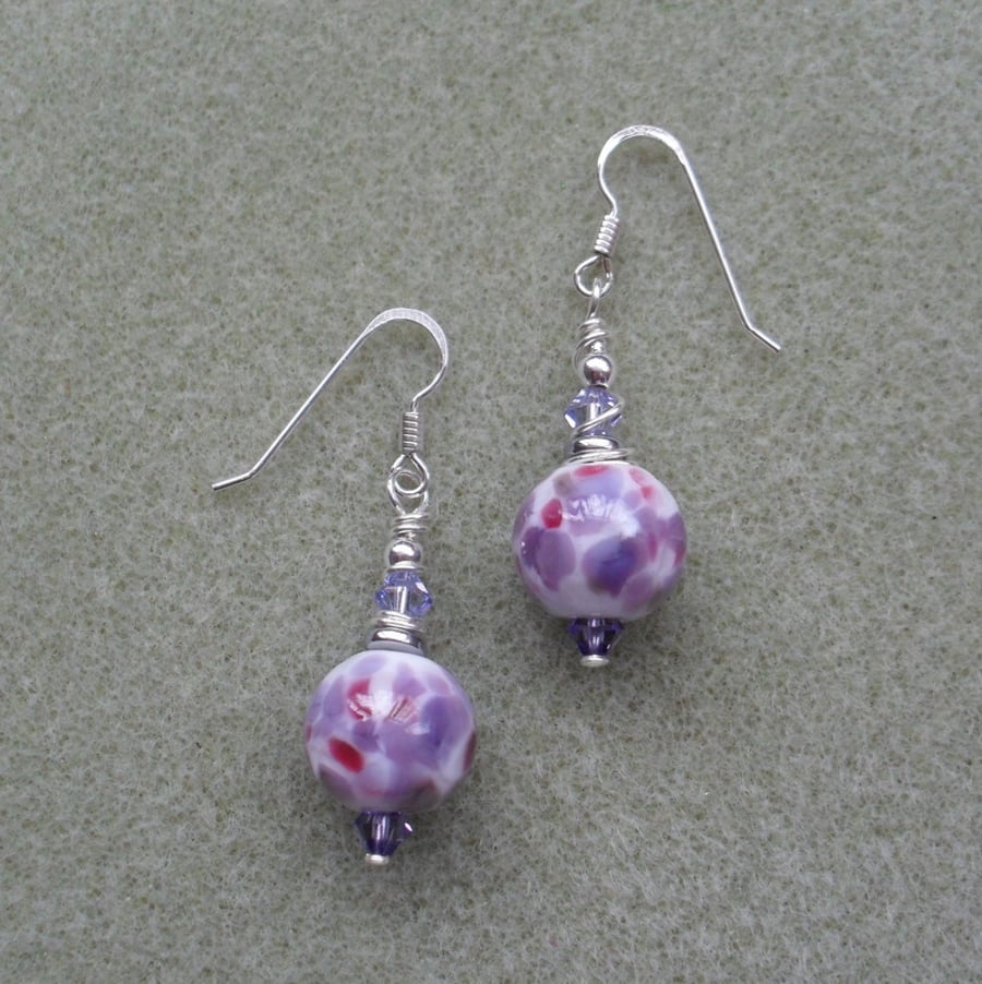 Purple, Lilac Lampwork glass Bead and Crystal Earrings Sterling Silver