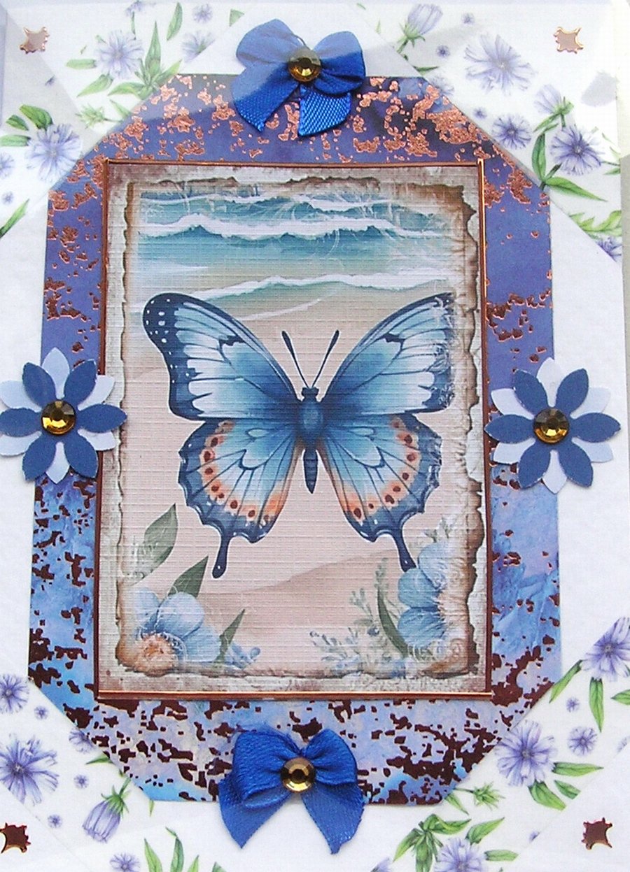 Blue Butterfly - Hand Crafted Decoupage Greeting Card - Blank - 2993