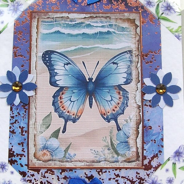Blue Butterfly - Hand Crafted Decoupage Greeting Card - Blank - 2993