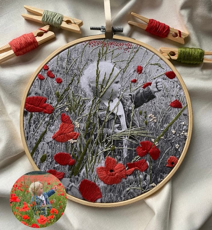 Custom Embroidered Photo Hoop landscape flowers customised photo art