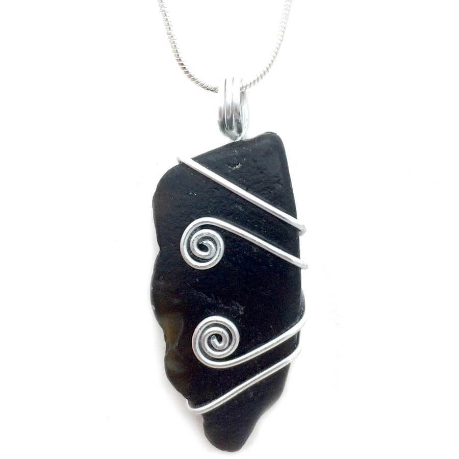 Black Scottish Sea Glass Celtic Pendant Necklace Wire Wrapped Scottish Jewellery