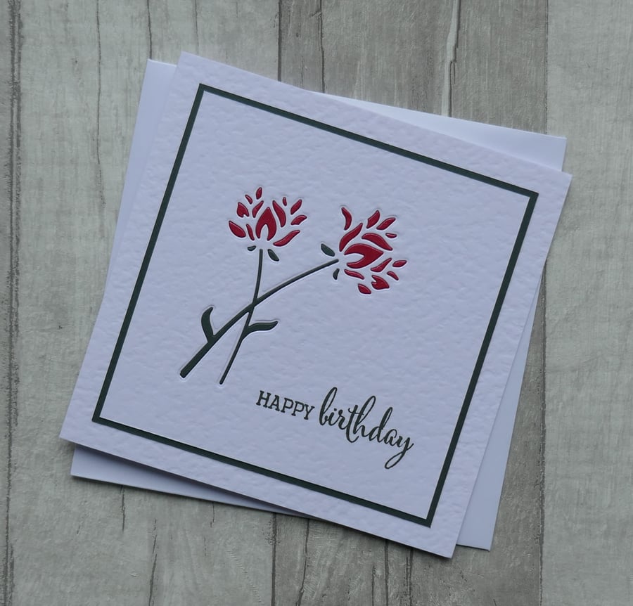 Birthday Card with Red and Green Wild Blooms & Happy Birthday Sentiment