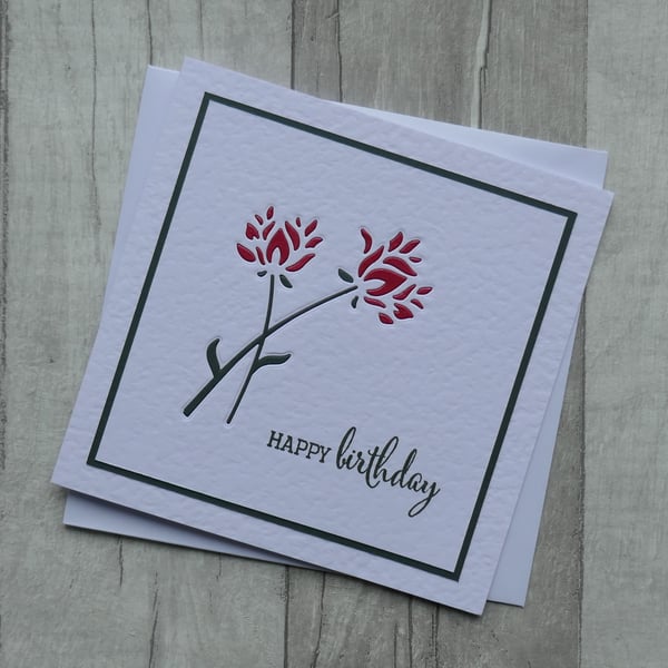 Birthday Card with Red and Green Wild Blooms & Happy Birthday Sentiment