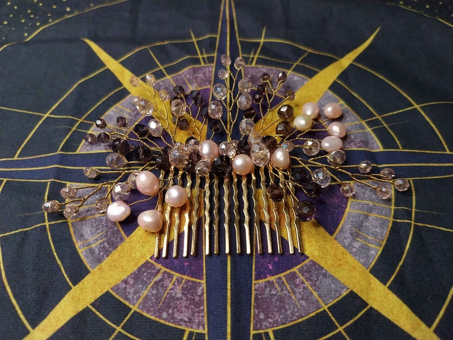 Pink and purple crystal and pearl hair comb