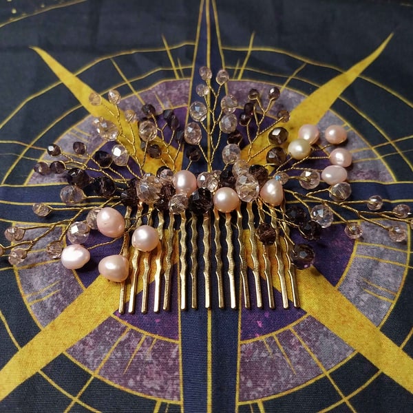 Pink and purple crystal and pearl hair comb