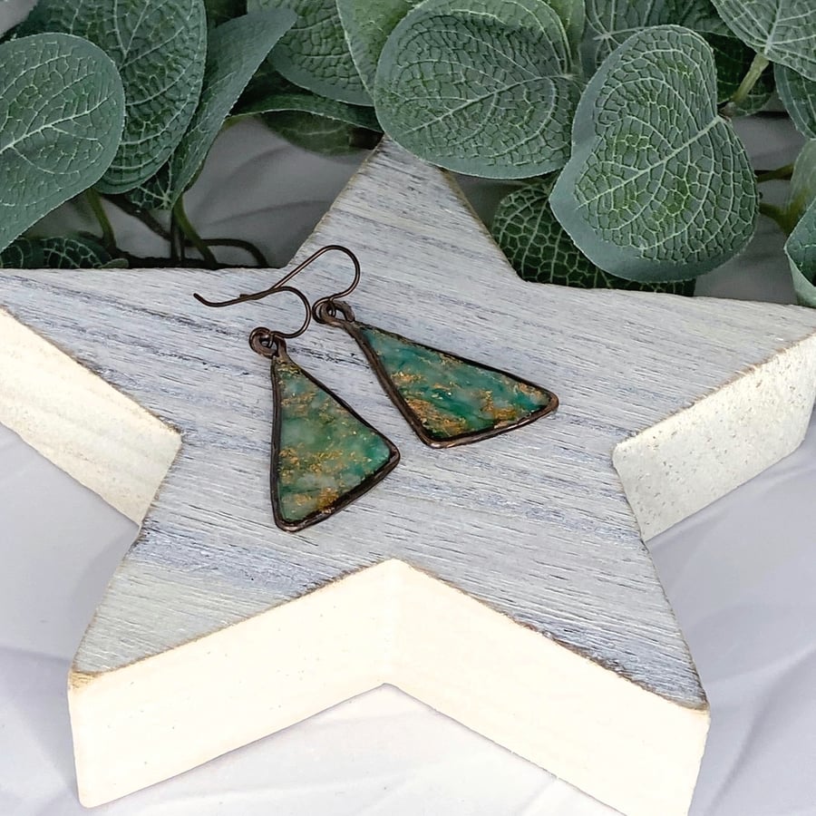 Earrings, Copper and Green Marbled Clay Triangle Droppers.